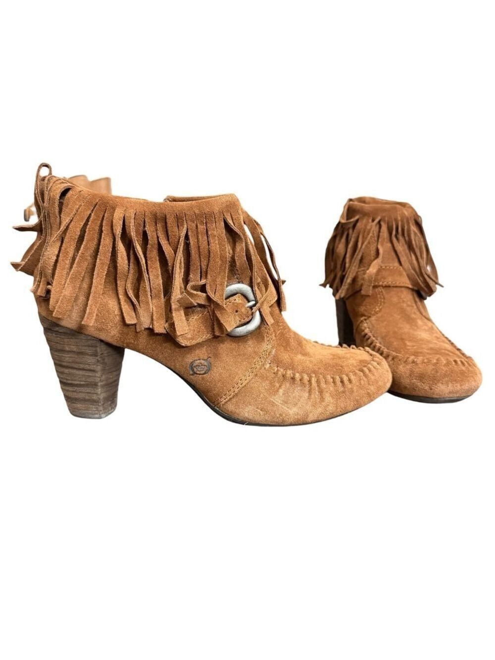 Born Women’s 8.5 Suede Fringe Moc Toe Ankle Boots Brown Block Heel Western Boho